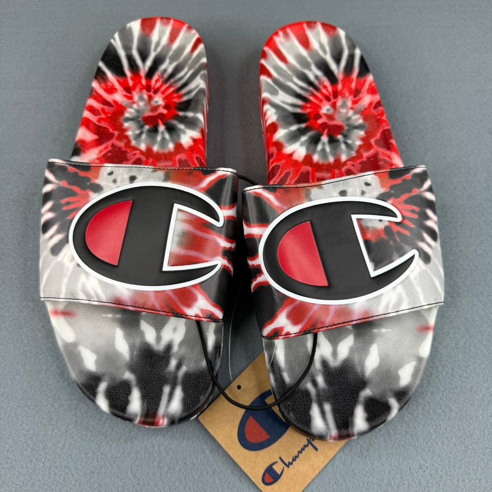Champion IPO Tie Dye Slides Mens 14 Red Black White C Logo Sandals CP101344M